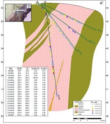 Figure 2. DDH 25LI008 Longitudinal section A-A' (Apparent width intercepts) (CNW Group/Orvana Minerals Corp.)