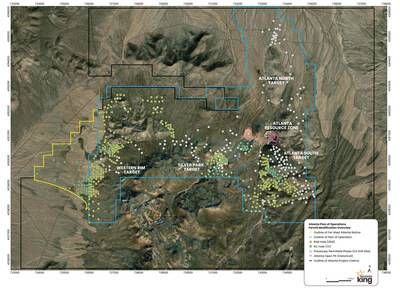 Figure 1. Atlanta Gold Mine Project property boundary showing Plan of Operations coverage, Far West Atlanta Notice area, as well as permitted drill sites and proposed new drill sites contingent on PoO Mod 5 approval. (CNW Group/Nevada King Gold Corp.)