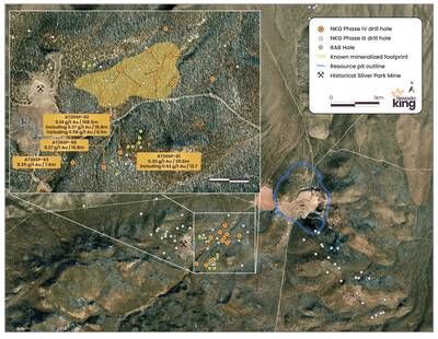 Figure 2. Plan view of the updated drill map for the Silver Park East and SPE Extension target and newly released Phase IV drill holes. (CNW Group/Nevada King Gold Corp.)