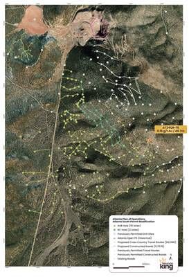 Figure 5. Atlanta South target area showing the new proposed drill sites under the PoO Mod 5, as well as currently permitted drill site locations and existing and proposed cross country travel routes. (CNW Group/Nevada King Gold Corp.)