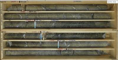 Figure 4. Hole QVD-450: Core boxes displaying core intervals from 205.0 to 207.0 meters, which returned a broad intercept of 135 g/t Ag and 0.27 g/t Au over 2.0m. This is a new mineralized zone at the Argentina target, situated more than 1.5 km from Yaxtché deposit. (CNW Group/Argenta Silver Corp.)