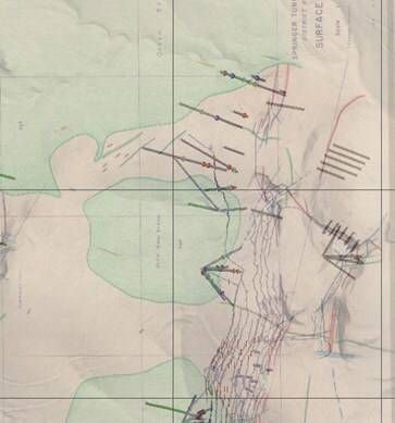 Figure 3: Historical drill holes including high-grade tungsten trioxide intercepts around the Uncle Sam stock. (CNW Group/Blue Moon Metals)