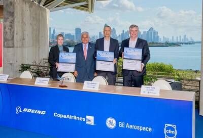 Stephanie Pope, president and CEO of Boeing Commercial Airplanes; President José Raúl Mulino of Panama; Pedro Heilbron, CEO of Copa Airlines; and Larry Culp, CEO of GE Aerospace, gathered in Panama to announce Copa's 737 fleet expansion plans.