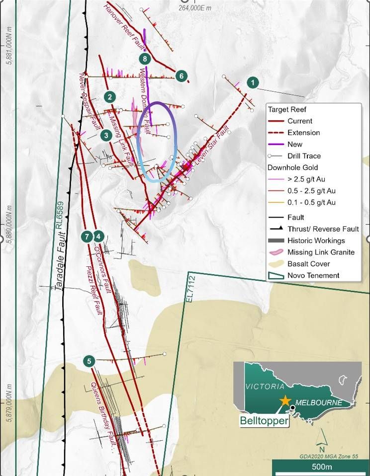 Overview Map of the Belltopper Gold Project showing location of the eight reefs included in the 2026 Exploration Target