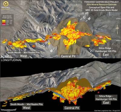Figure 1: Fondaway Canyon Project MRE gold grade block and open pit model in plan and longitudinal view (CNW Group/Getchell Gold Corp.)