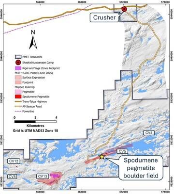 Figure 1: Location immediately adjacent to outcropping CV5 Pegmatite where the spodumene pegmatite boulders were collected. (CNW Group/PMET Resources Inc.)