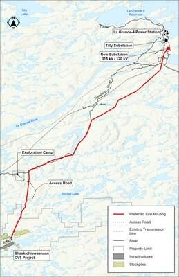 Figure 2: LG4 Power Station and the Proposed Shaakichiuwaanaan Power Line Corridor. (CNW Group/PMET Resources Inc.)