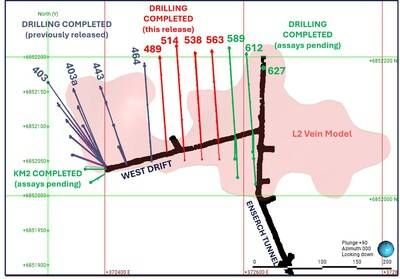 Figure 1. Map showing the completed and planned underground drilling of the Lucky Shot (L2) Vein from the West Drift underground development. (CNW Group/Contango Silver & Gold Inc.)