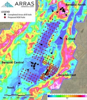 Figure 2. Berezski Trend, showing completed drill-holes, proposed KGK holes, overlain on reduction to pole (