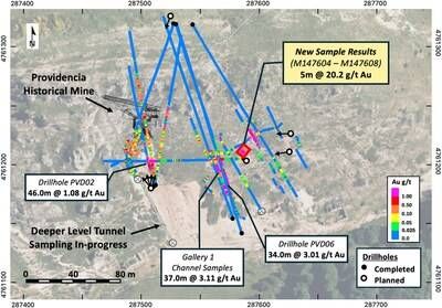 Figure 2 – Providencia target area showing new sample results at surface and previous Pan Global drillholes, channel and trench gold results (CNW Group/Pan Global Resources Inc.)