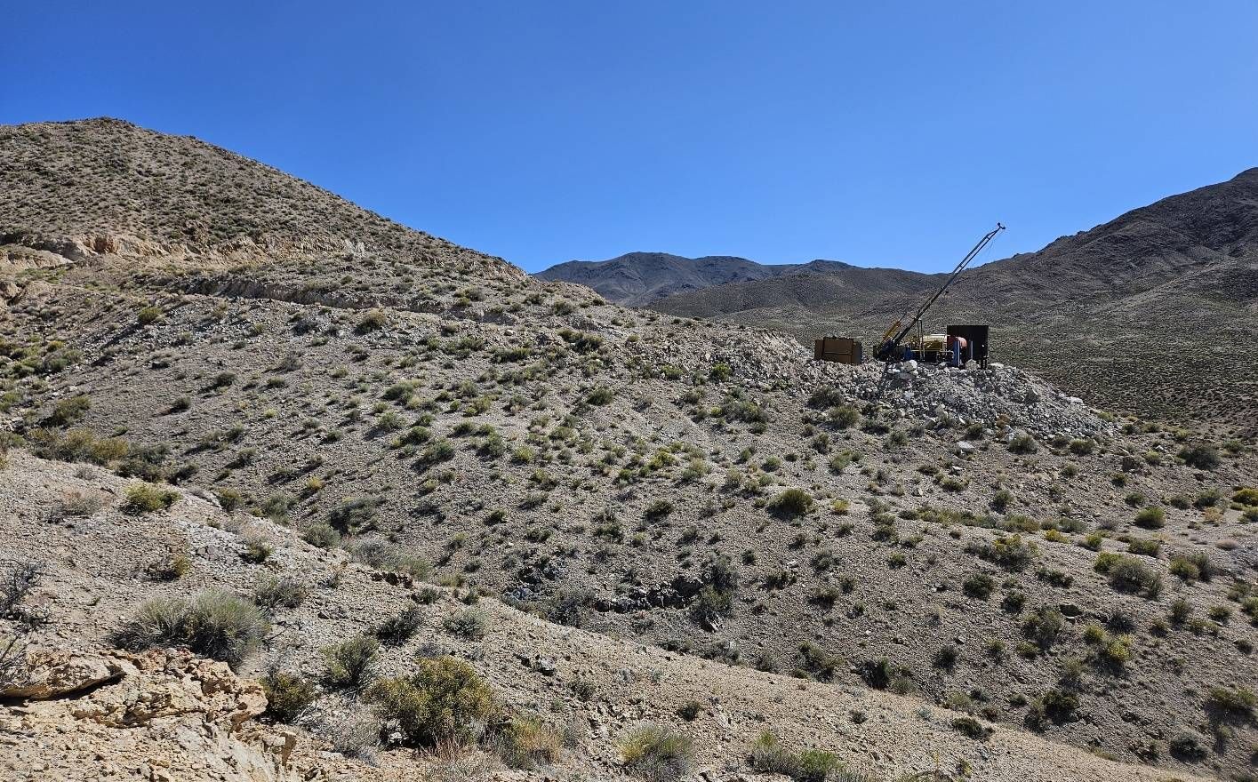 Drill rig set up, May 6, 2026, for the first planned drill hole at Jeep Mine, New Boston.