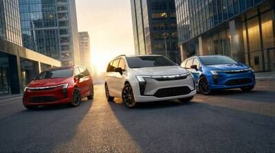 2027 Chrysler Pacifica America250 special edition, available in three patriotic exterior colors: (L to R) Red Hot, Bright White and Hydro Blue