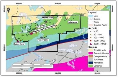 Figure 1. Falcon Gold's Central Canada property with gold-bearing zones discovered to date. (CNW Group/Falcon Gold Corp.)