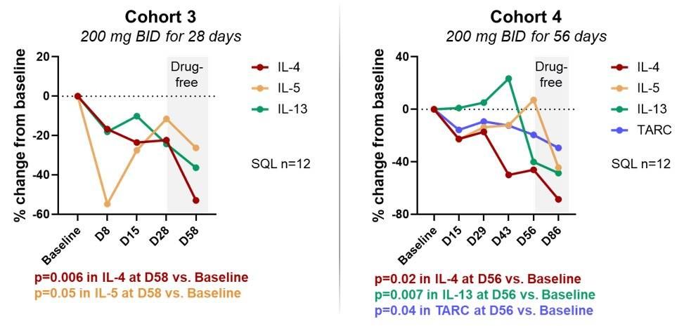 Reduction in IL-4, IL-5, IL-13 and TARC.