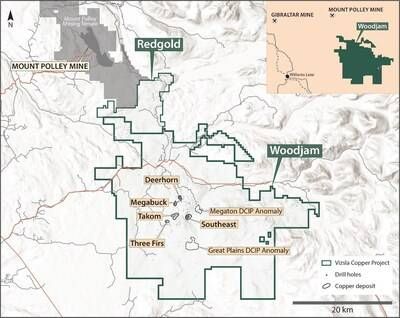Figure 1. Map showing the location of Vizsla Copper's Woodjam and Redgold projects in relation to Imperial Metals' Mount Polley mine. Priority exploration targets at Woodjam are also shown. (CNW Group/Vizsla Copper Corp.)