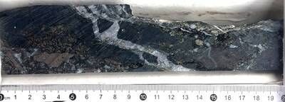 Figure 9: Sulphide-rich interval (110.74 to 110.94m) on drill hole DDH25LU295. (CNW Group/Bravo Mining Corp.)