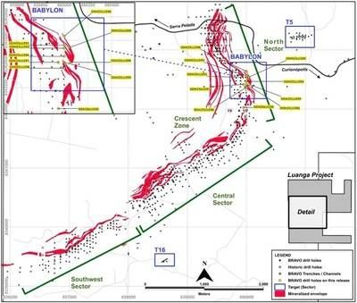 Figure 11: Drilling at Babylon and other nearby targets, as reported in this News Release. (CNW Group/Bravo Mining Corp.)