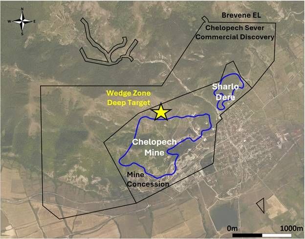 Plan view of the Chelopech mine concession with the WZD target highlighted, as well as the surrounding commercial discovery boundary of Chelopech Sever and the Brevene exploration licence.