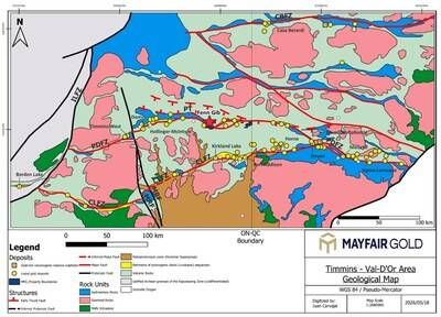 Figure 1: Simplified geological map of the central and southern Abitibi greenstone belt, highlighting major faults and the distribution of gold deposits (modified after Poulsen et al., 2000, and Dubé and Mercier-Langevin, 2015). (CNW Group/Mayfair Gold Corp.)