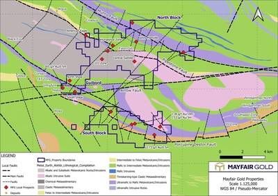 Figure 2: Geological map of the North Block, South Block, and Guibord properties with deposits and targets identified. (CNW Group/Mayfair Gold Corp.)
