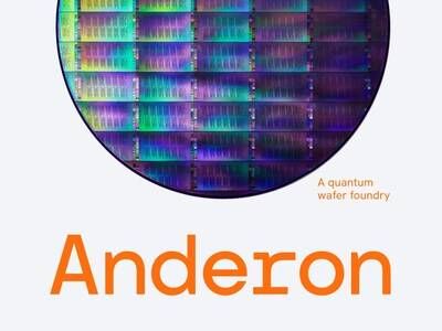 The logo of Anderon, a new standalone IBM company, and quantum wafer. (Credit: IBM)