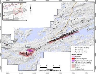 Figure 1: Location of the principal corridor at Shaakichiuwaanaan, which is host to the CV5 and CV13 LCT pegmatites. (CNW Group/PMET Resources Inc.)