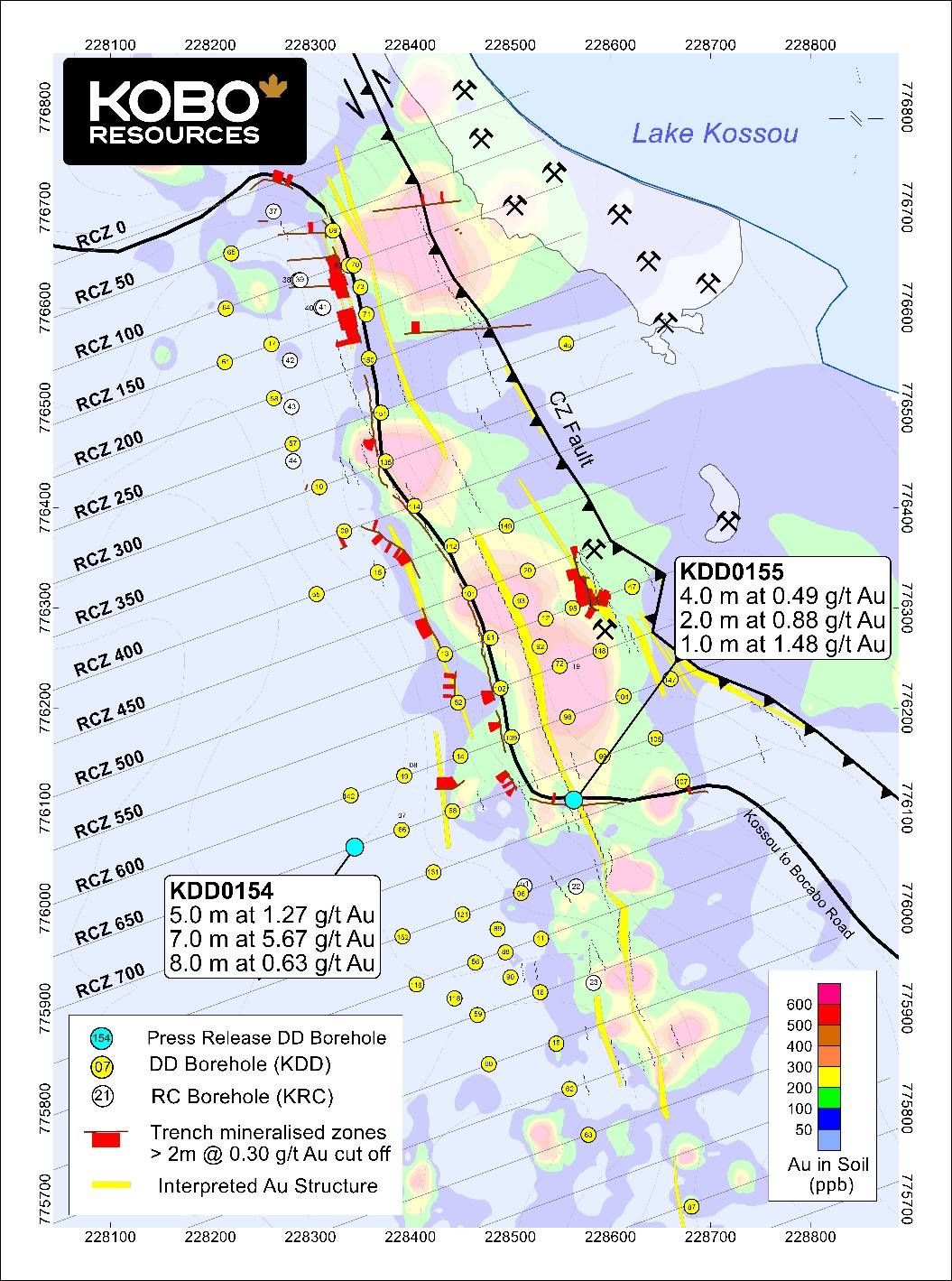 Figure 2: Road Cut Zone Simplified Geology with Drill Hole Collar Locations