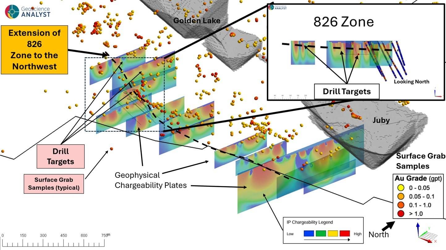 View of the 826 zone geophysical drill targets south of Golden Lake and Juby