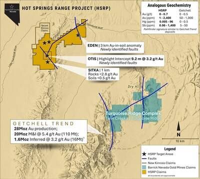 Figure 1: Location of Hot Springs Range Project relative to major gold deposits on Getchell Trend. (CNW Group/Eminent Gold Corp.)