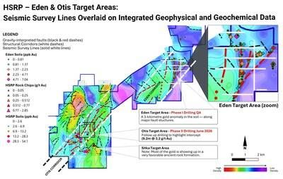 Figure 2: Plan view of ReMi Lines (White) on Integrated Geophysical & Geochemical Map at Eden and Otis Targets, HSRP. (CNW Group/Eminent Gold Corp.)