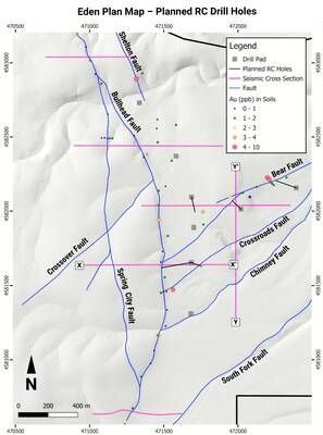 Figure 5: Plan map of the Eden Target area with planned RC holes (black traces)and the ReMi lines (pink). (CNW Group/Eminent Gold Corp.)
