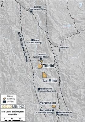 Figure1 Location map of Yarumalito Project in the Mid Cauca Au-Cu Belt of central Colombia. (CNW Group/GoldMining Inc.)