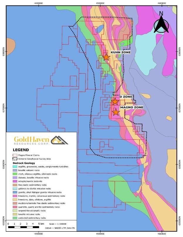 Geology map showing the area of the airborne survey as well as the high-priority zones within the Magno project emphasizing the Kuhn, D Zone, Magno zones.