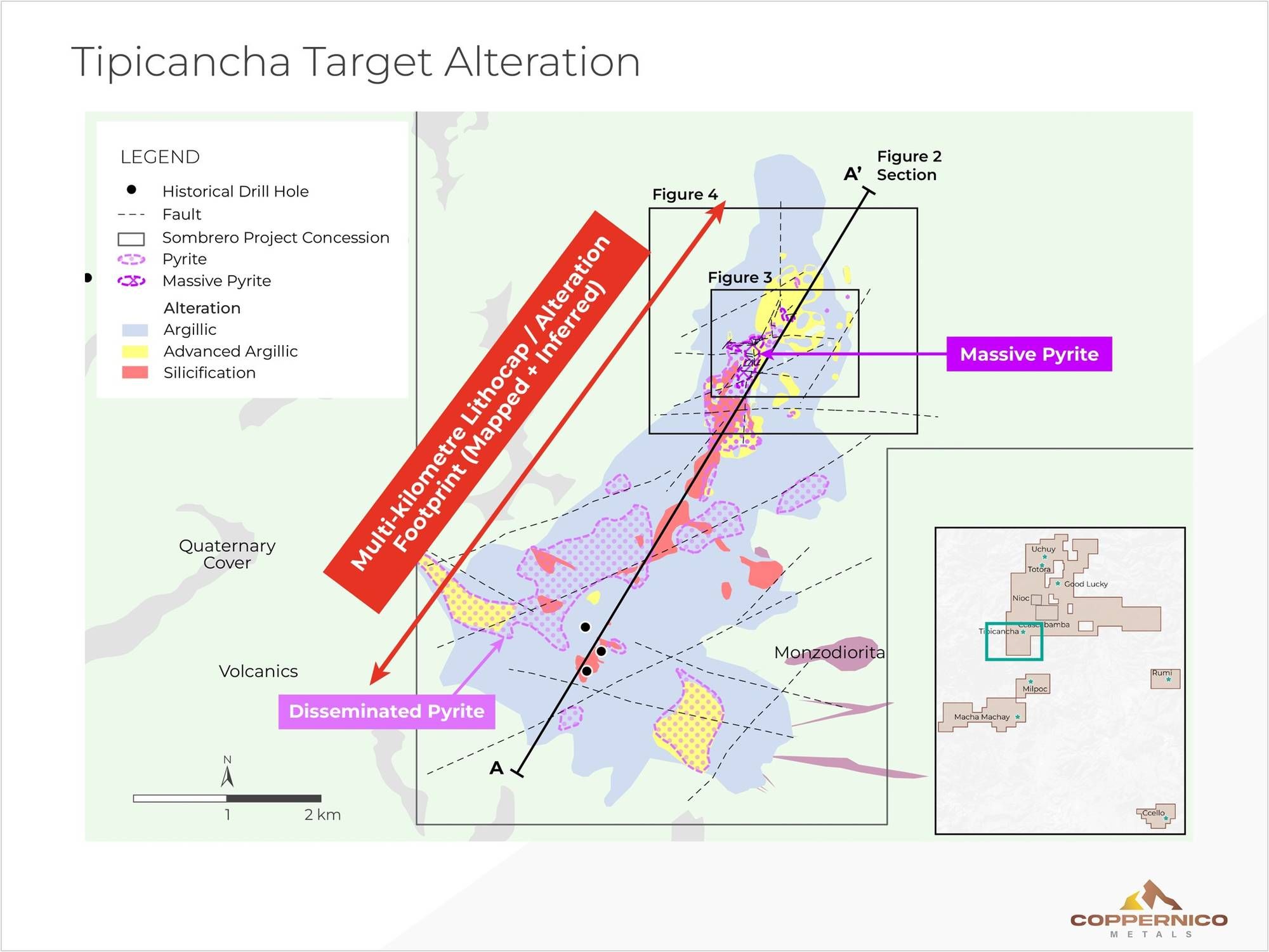 Mapped alteration and structure over the greater Tipicancha target area.