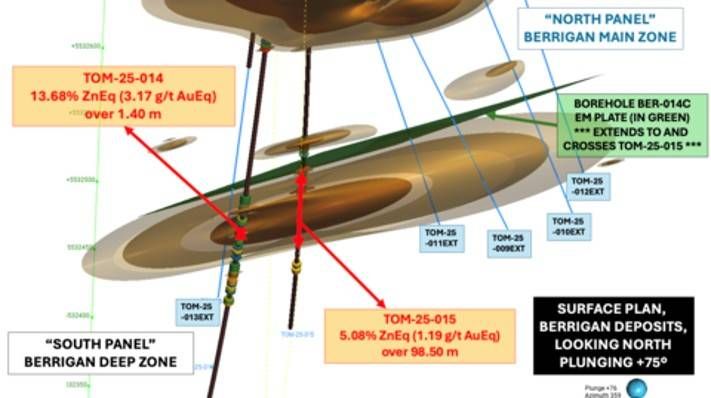 3D plan view showing drill holes TOM-25-009 to TOM-25-013 and their planned extensions (blue lines) targeting the modeled conductive plate at depth, along with significant intersections from holes TOM-25-014 and TOM-25-015 within the Berrigan Deep zone.