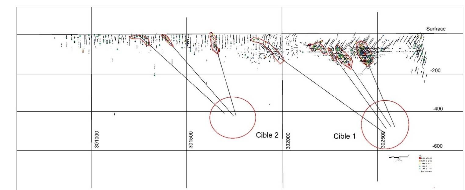 Longitudinal View of the Mineralized Envelopes and Deep Target Projections