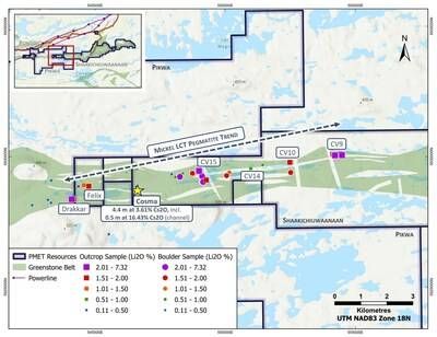 Figure 4: Compilation of surface sampling results along the Mickel LCT Pegmatite Trend (part of the greater CV Lithium Trend) at Shaakichiuwaanaan, now extending onto the adjacent Pikwa Property. (CNW Group/PMET Resources Inc.)