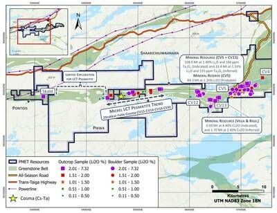 Figure 5: Compilation of surface sampling results between the Skald (Pontois) and CV4 (Shaakichiuwaanaan) LCT pegmatites. (CNW Group/PMET Resources Inc.)