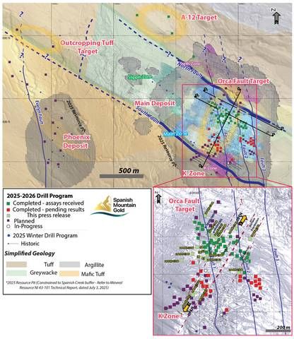 Figure 1: Drill Collar Location Map — 2025-2026 Drill Program. The figure illustrates the collar locations for all 21 drill holes reported in this news release, plus holes with assays pending. Section lines correspond to cross-sections presented in Figures 2, 3, and 4. Collar coordinates are summarized in Table 6. Abbreviations: metres = m, grams per tonne = g/t, gold = Au, mineral resource estimate = MRE, Spanish Mountain Gold = SMG. 38, 39, 41, 51, and 54 are the 26-DH-1338, 26-DH-1339, 26-DH-1341, 26-DH-1351 and 26-DH-1354 respectively.