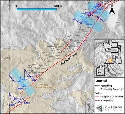 Figure 1. Plan view of the Aguilar target showing the drill holes reported in this release (Table 1). Coordinates are in the UTM system, zone 18N, and WGS84 projection. (CNW Group/Outcrop Silver & Gold Corporation)