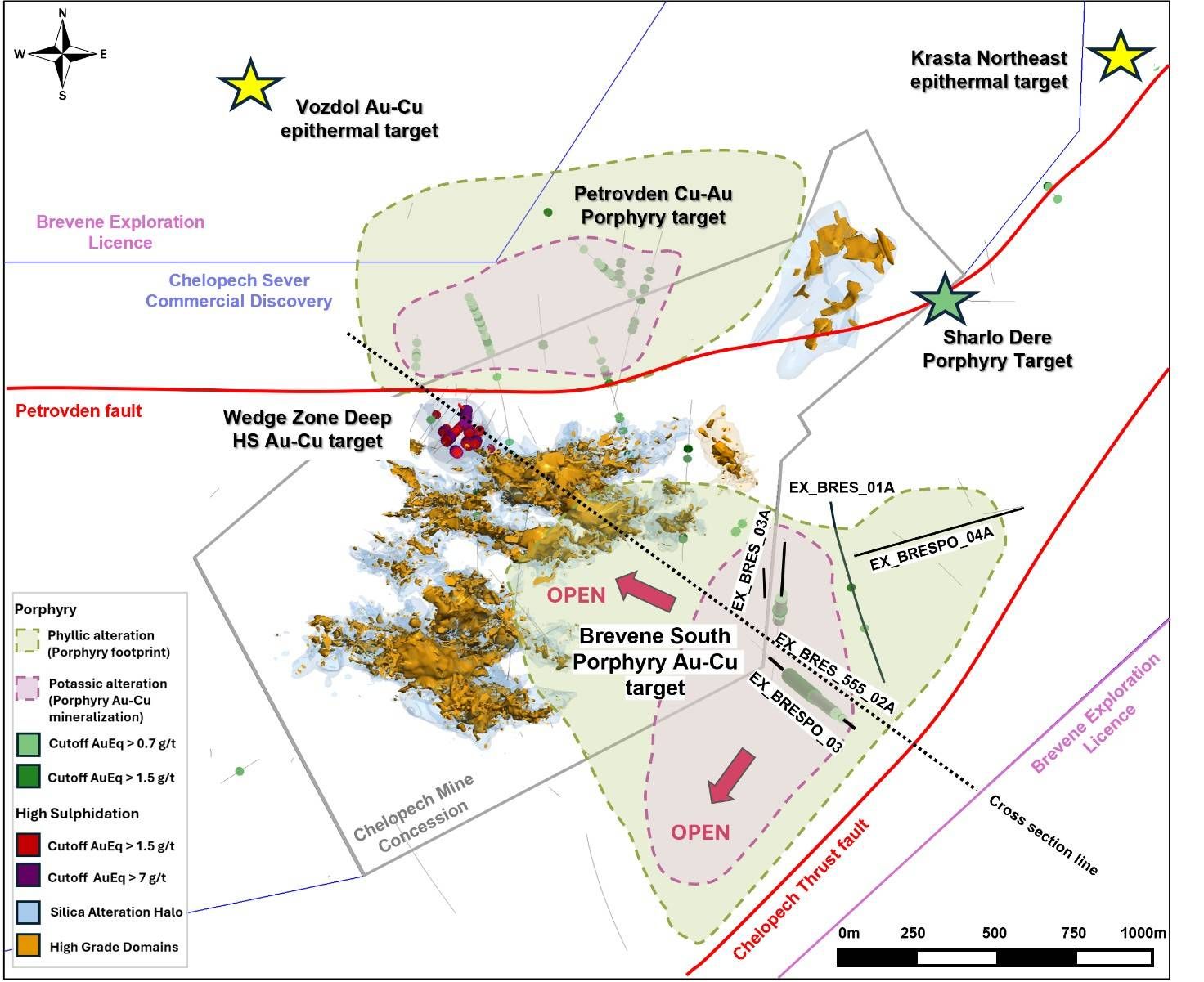 Plan view of the Chelopech area showing deep drill intercepts below -200 mRL, including newly reported holes in bold, and the interpreted footprint of the mineralization. The silica envelope of high-sulphidation (HS) type mineralization domains is projected from mine levels. The projected extent of porphyry related phyllic and potassic alteration zones is estimated from drill core logging and geochemical indicators, including elevated Mo, paragonitic muscovite and high Zr/Ti rations in the phyllic zone, and elevated K/Al and/or magnetite in the potassic zone.