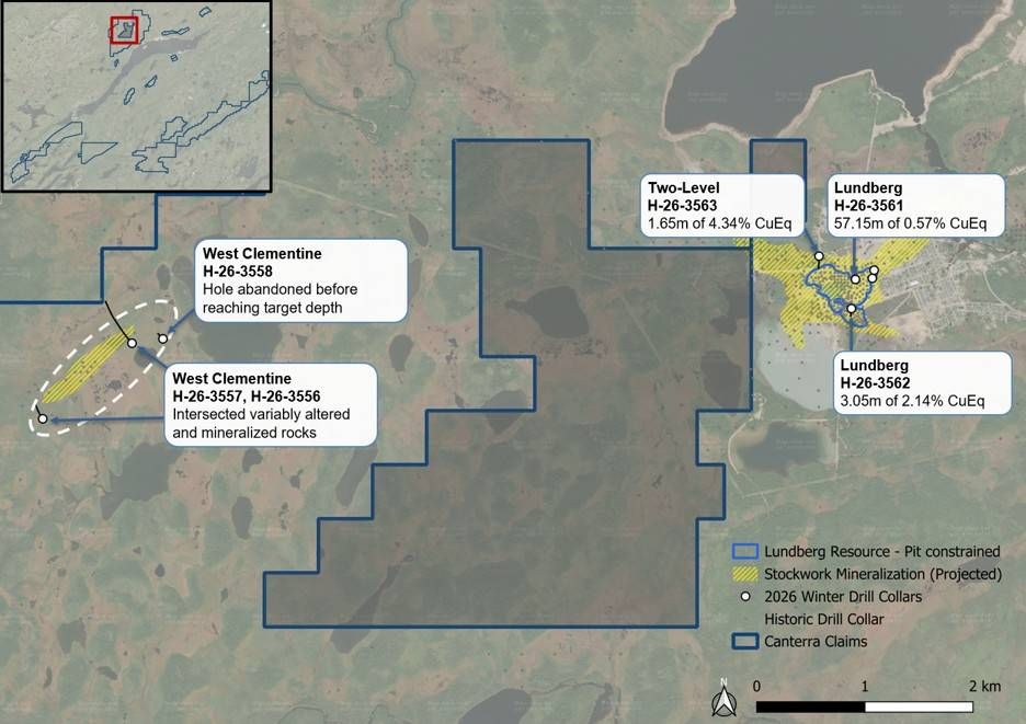Buchans Project plan view and Lundberg mineralization projected to surface.