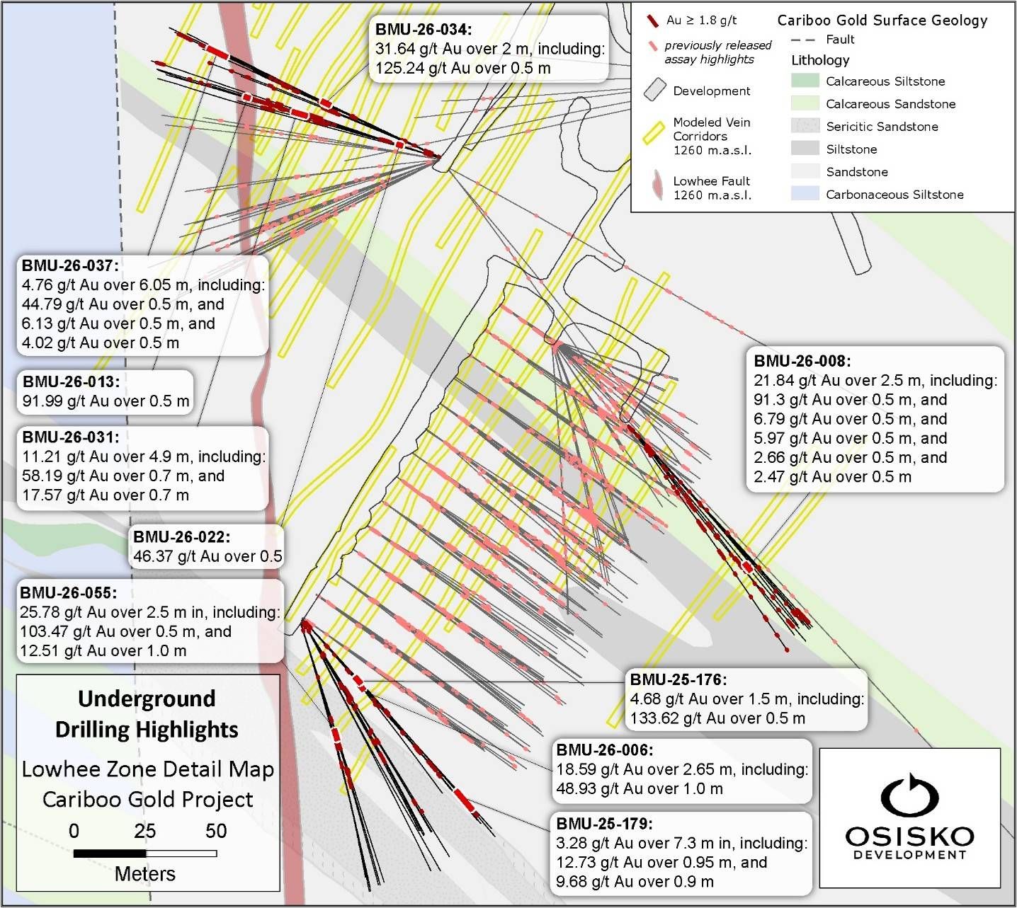 Lowhee Zone select underground drilling highlights (plan view).