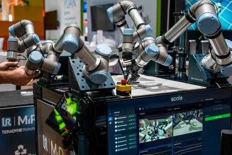 Universal Robots' imitation learning platform, UR AI Trainer, allows users to physically guide UR robots through tasks like packaging smartphones, capture high-fidelity force perception data, and train sophisticated visual language action (VLA) models for direct factory deployment.