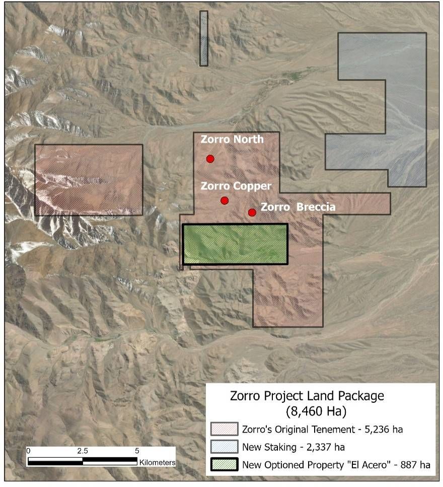 Zorro Project target areas zones and consolidated land package, including newly staked claims and the El Acero mining claim