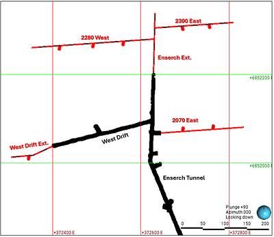 Figure 6. Plan view map of Lucky Shot Enserch level development. Current underground tunnels in black and planned Exploration Development in red. Figure 6. Plan view map of Lucky Shot Enserch level development. Current underground tunnels in black and planned Exploration Development in red.