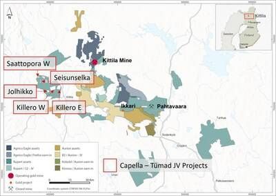 Figure 1. Location map of the Capella-Tümad JV projects in Northern Finland (Killero E, Killero W, Jolhikko, Seisunselka, Saattopora W), together with the project areas acquired by Agnico as part of its consolidation of the Central Lapland Greenstone Belt. https://www.agnicoeagle.com/English/news-and-media/news-releases/news-details/2026/AGNICO-EAGLE-TO-CONSOLIDATE-FINLANDS-CENTRAL-LAPLAND-GREENSTONE-BELT-IN-THREE-SEPARATE-TRANSACTIONS/default.aspx (CNW Group/Capella Minerals Limited)