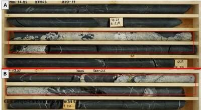 Figure 4. Quartz-carbonate-sulfide veining in KE-006. A) 59-60m and B) 114-115m. NQ core. (CNW Group/Capella Minerals Limited)