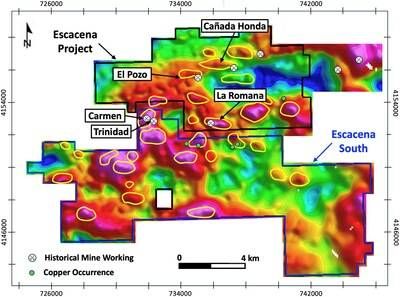 Figure 1 – Escacena Project gravity anomaly map showing Cañada Honda, La Romana, Escacena South (expanded) and priority exploration targets (CNW Group/Pan Global Resources Inc.)