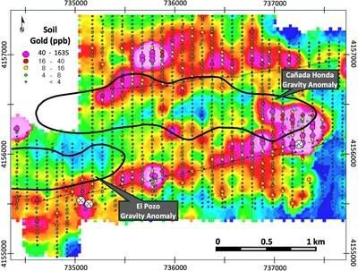 Figure 4 – Soil gold geochemistry and priority target areas across the Cañada Honda and El Pozo corridor (CNW Group/Pan Global Resources Inc.)